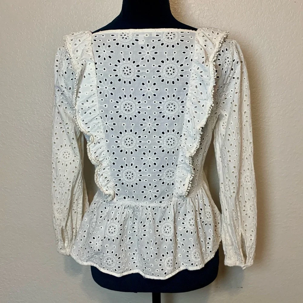 Madewell Eyelet Peplum Top 1/2 Button Up Ruffle White Size Small - Picture 8 of 16